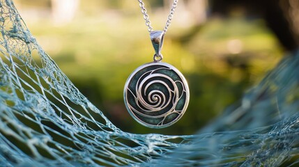 Delicately Crafted Windrider Medallion Glinting in Azure and Teal Netting