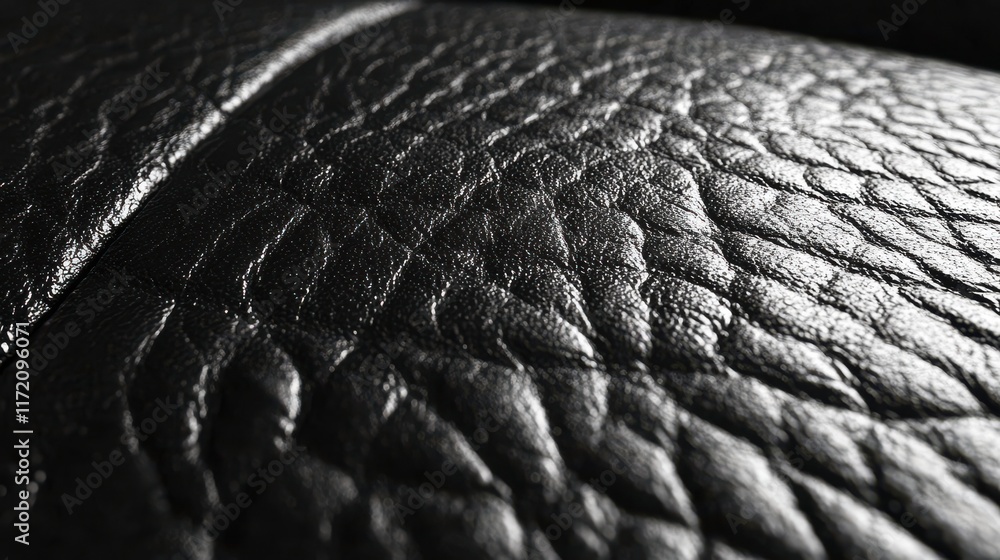 Poster close-up view of textured black leather surface highlighting the intricate pattern and fine detail o