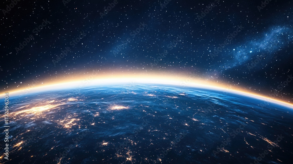 Poster high-altitude view of auroras seen from space, wrapping around earth, caused by magnetic field react