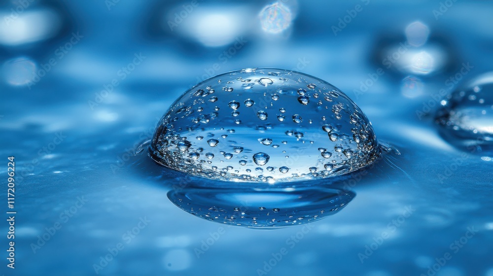Poster close-up of water droplet on a surface capturing reflections and bubbles, symbolizing purity and nat