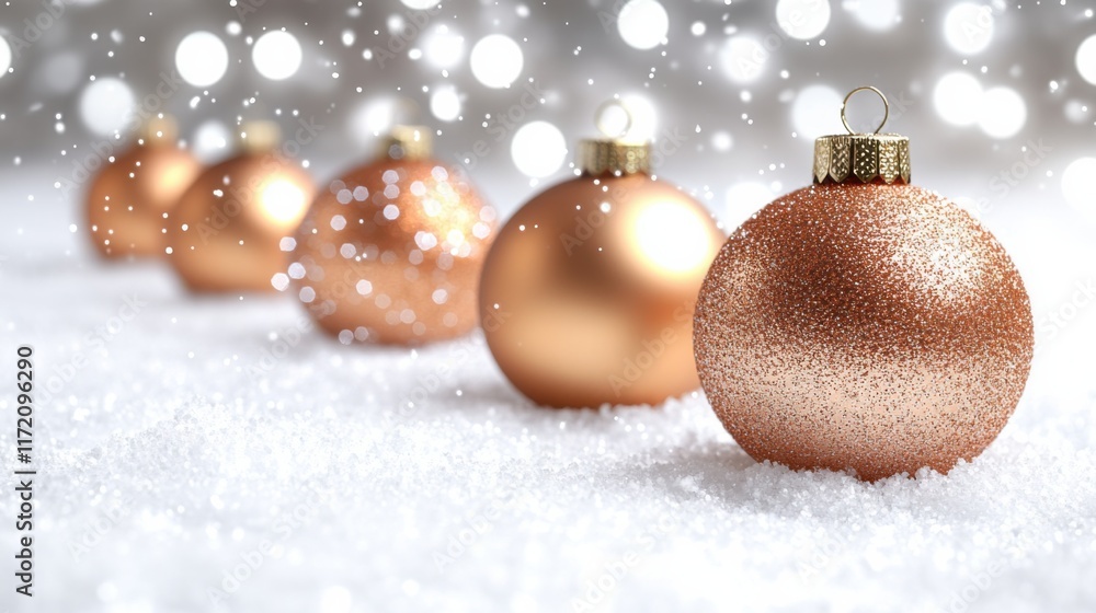 Poster elegant and shimmering decorative ornaments on snowy surface with soft bokeh background for a festiv