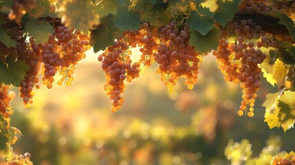 Obraz premium 31.Sunlit scene of ripe bunches of grapes hanging from a vine, with a lush, blurred vineyard background at sunset; the warm golden light filters through the leaves, casting a soft glow on the grapes,