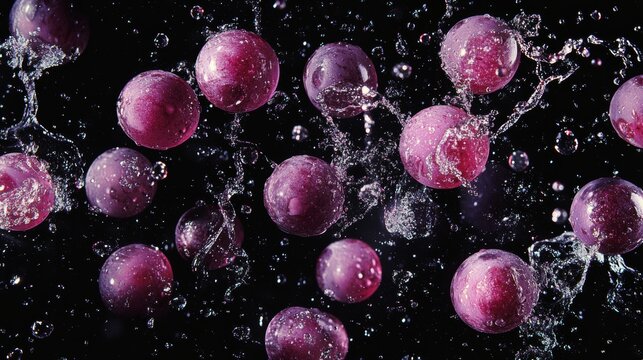 8.Dynamic shot of grapes with water splashes frozen in mid-air against a black background; each grape appears plump and juicy, while the water droplets add a refreshing, lively effect, highlighting