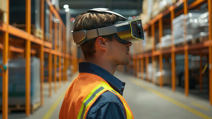 A worker using virtual reality goggles in a warehouse setting, showcasing technology in modern industry and efficiency. Cargo management shipment efficiency concept.