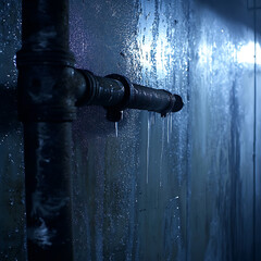 A cold industrial wall with frosty pipes and icy condensation illuminated by dim bluish lighting 16:9 