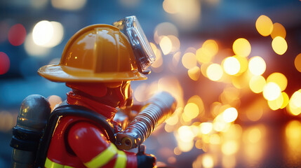 toy firefighter in shiny red uniform and yellow helmet stands ready, surrounded by warm, glowing background