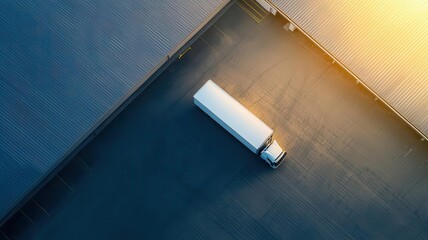 Aerial view of a white delivery truck parked in a large logistics facility, showcasing modern transportation and industrial efficiency. Cargo management shipment efficiency concept.