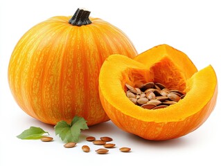 A whole pumpkin and a halved pumpkin showcasing seeds and flesh.