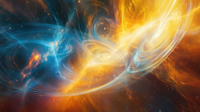 Magnetic fields and gravity waves interacting, visualized with electric blue and fiery orange tones, creating a surreal scientific backdrop.