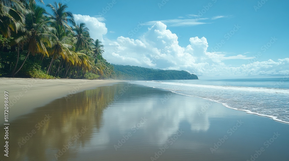 Aufkleber serene tropical beach with palm trees and reflected clouds in calm water on a quiet day in paradise