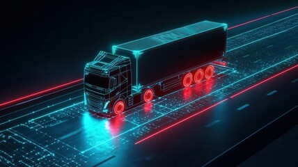 Futuristic truck traveling on a digital highway, illuminated by neon lights, showcasing advanced technology and innovation. Cargo management shipment efficiency concept.