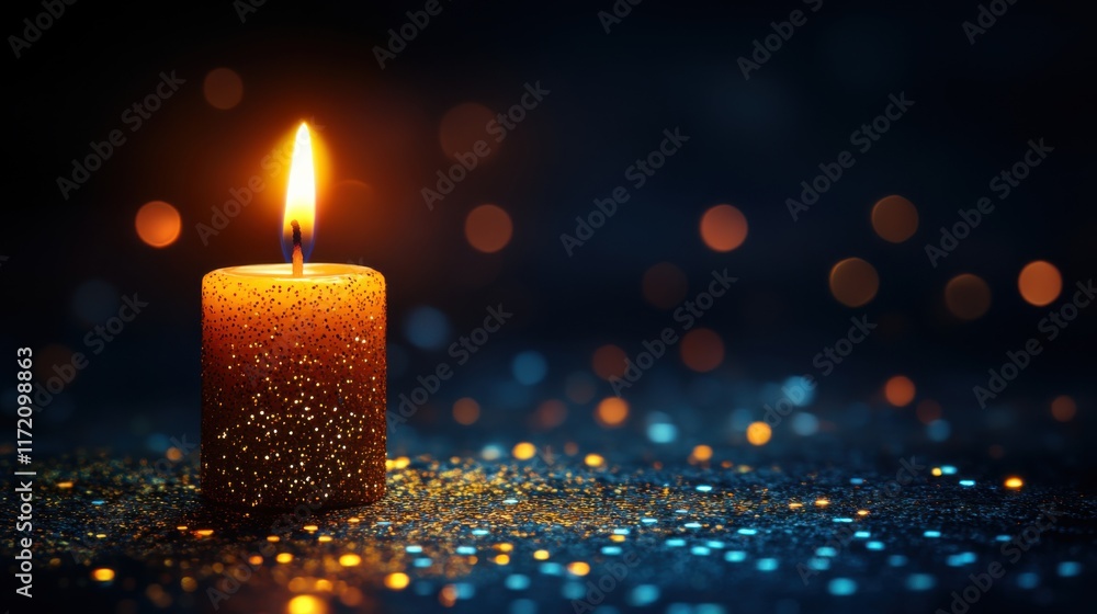 Poster captivating glow of a single burning candle surrounded by soft bokeh lights, creating a warm atmosph