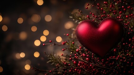 A vibrant red heart rests on a branch adorned with berries, illuminated by soft lights in the background, symbolizing love and warmth.
