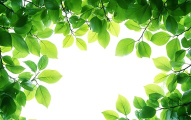 Obraz premium Lush green leaves frame, summer sunlight, nature background, ideal for spring designs.