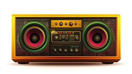 Fototapeta premium A vibrant retro boombox with colorful speakers and control buttons for music playback.