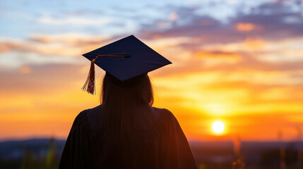 graduate in cap and gown stands against vibrant sunset, symbolizing achievement and new beginnings. warm colors evoke sense of hope and future possibilities