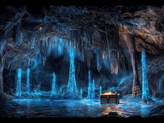 A hidden underwater cavern illuminated by bioluminescent stalactites and glowing aquatic plants. A radiant treasure chest rests on the cavern floor, surrounded by luminous fish and shimmering 