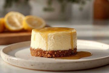 A close-up view of a delicious mini cheesecake served on a plate. (Generative AI)