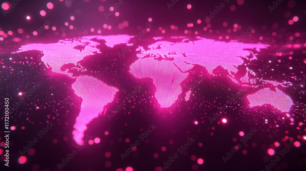 Poster vibrant pink digital world map with sparkling dots representing global connectivity and technology i