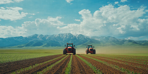 Farming tractors working in vast field with mountains in background, showcasing agricultural machinery in action under bright blue sky