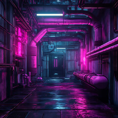 A cyberpunk industrial room with neon pink and purple pipes glowing in contrast to dark concrete walls 16:9 