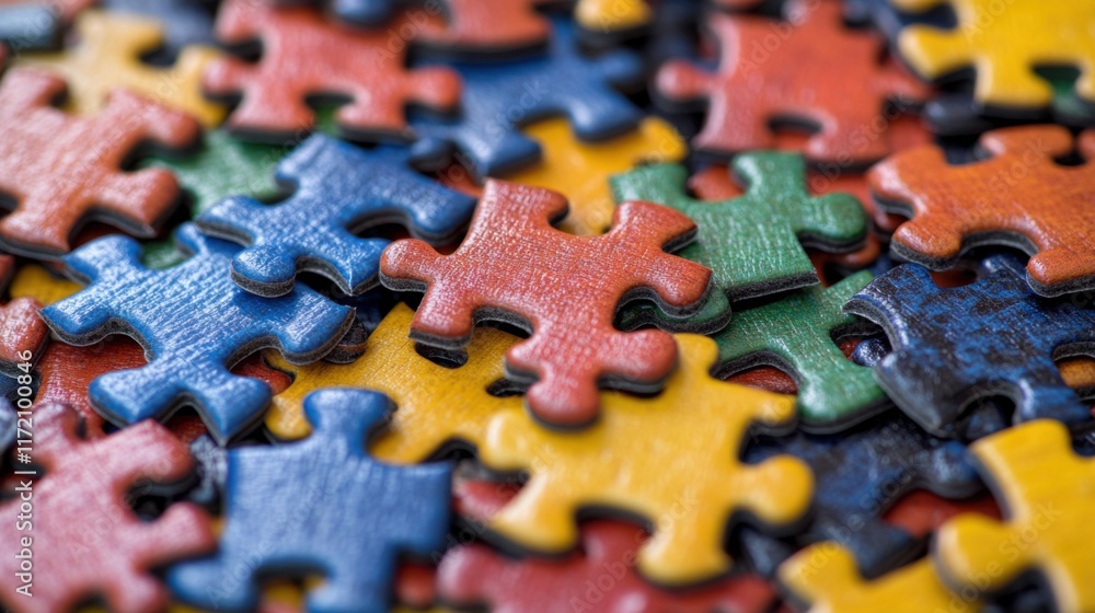 Poster colorful jigsaw puzzle pieces laid out in a random pattern, showcasing various shapes and textures i