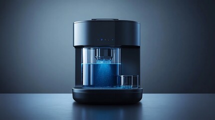 Modern black coffee maker brewing blue liquid.