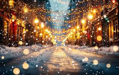 Snowy Christmas street at night with lights.