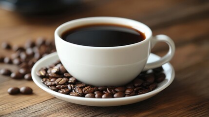 Freshly Brewed Black Coffee in a White Cup Surrounded by Coffee Beans on a Rustic Wooden Table Enhancing the Cozy Atmosphere of Morning Rituals