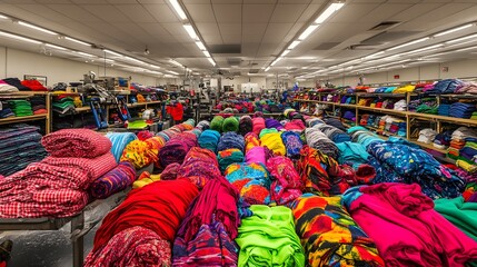 A vibrant warehouse scene filled with colorful stacks of rolled fabrics and neatly organized shelves of folded clothing.  Bright lights illuminate the vast space.