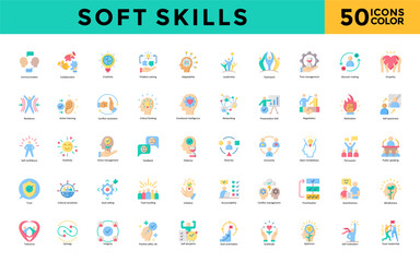 Soft skills icon set with communication, collaboration, creativity, problem solving, adaptability, leadership, teamwork, time management, decision making, empathy icon. Simple flat color vector 
