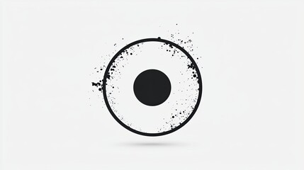 A minimalist black circle with a central dot, surrounded by a splatter effect on a white background.