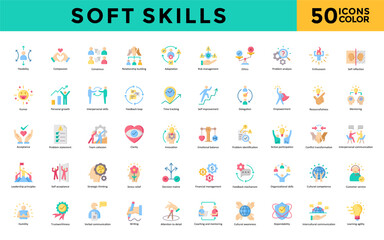 Soft skills icon set with flexibility, compassion, consensus, relationship building, adaptation, risk management, ethics, problem, analysis, enthusiasm  icon. Simple flat color vector 
