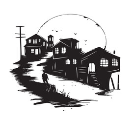 Obraz premium drawing_of_ghost_town_one_color_logo_black_and_white