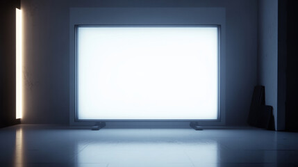 Fototapeta premium large, illuminated screen in dimly lit room, showcasing bright white display. minimalist design creates modern and sleek atmosphere, perfect for presentations or art displays