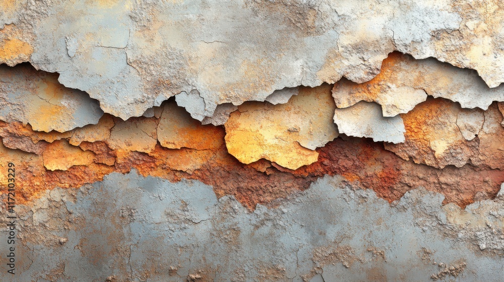 Poster close-up view of textured cracked paint layers in earthy tones highlighting rustic and weathered sur