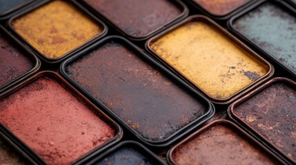 Fototapeta premium Close-Up View of Colorful Artist Paints Organized in Metal Trays on a Rustic Surface for Creative Inspiration and Artistic Projects