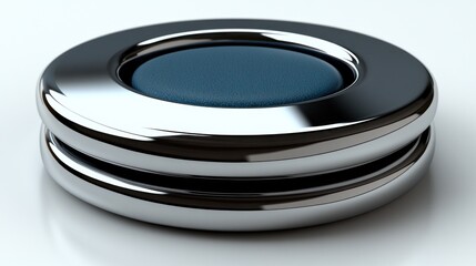 Blue button in chrome ring on white reflective surface.