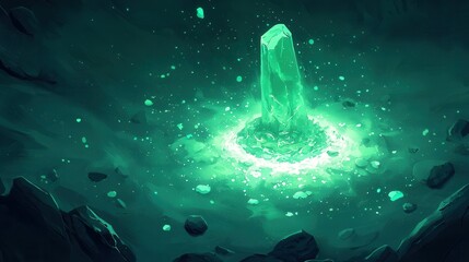 A mystical ice cavern glowing with shimmering frost and radiant stalactites. The floor glows faintly with magical runes, and a glowing crystalline artifact rests at the center, surrounded by 