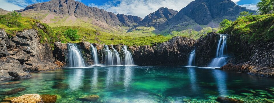 A stunning shot of the elusive and remote Fairy Pools on the Isle of Skye, Scotland, with their crystal-clear waters and cascading waterfalls set against the backdrop of the Cuillin mountains