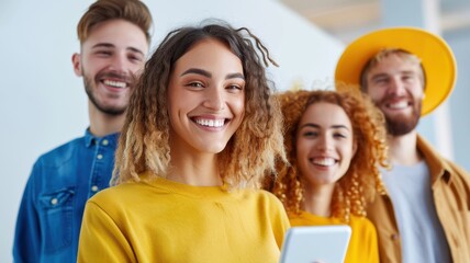 Obraz premium A cheerful group of four young adults stands together, smiling, with a modern background and a tablet, showcasing friendship and positivity.