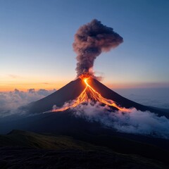 Volcanic Eruption at Sunrise, Fiery Lava Flowing Down Mountainside