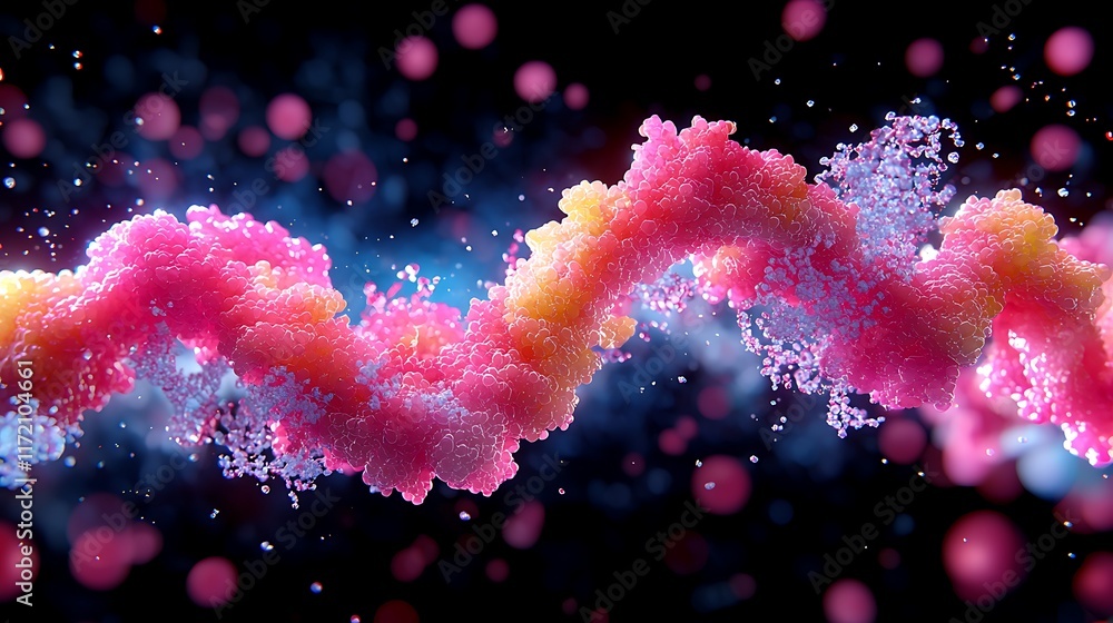 Poster microscopic view of a dna strand with particles.