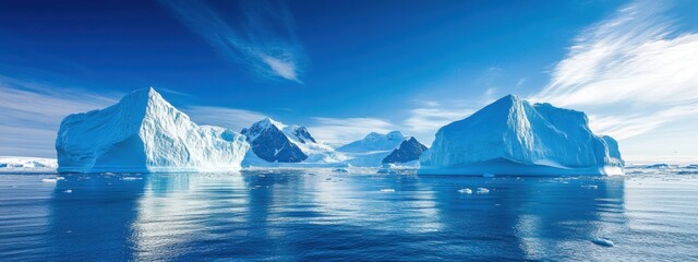 A stunning shot of the massive icebergs floating in the serene waters of Antarctica闁炽儲鐛 Paradise Bay, with a deep blue sky and distant mountains framing the scene, Antarctica iceberg scene