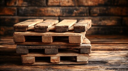 Stack of Wooden Pallets on Rustic Background with Dark Brick Wall, Ideal for Warehouse, Construction, and Industrial Themes in Stock Photography