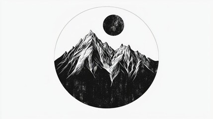 A monochromatic illustration of mountains and a moon within a circular frame.