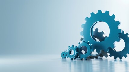 A series of blue gears arranged in a gradient, symbolizing technology, engineering, and mechanics on a sleek, modern background.