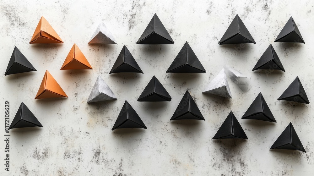 Poster geometric and minimalistic arrangement of paper triangular shapes in black, white, and orange on a t