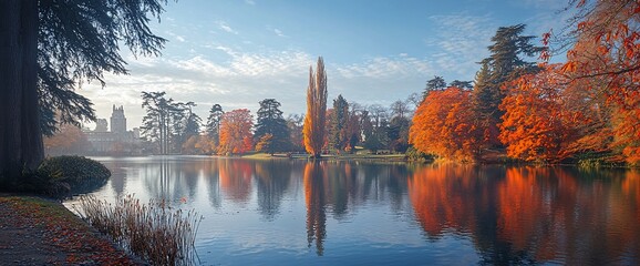 Naklejka premium Autumnal lake reflection with vibrant foliage and calm water.