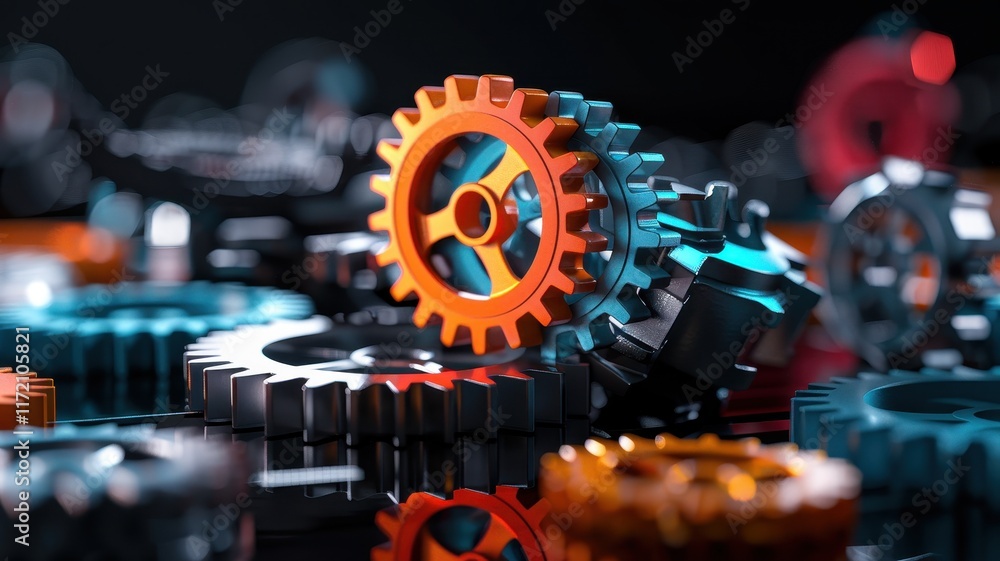 Poster a vibrant arrangement of colorful gears showcasing intricate mechanics and engineering design agains
